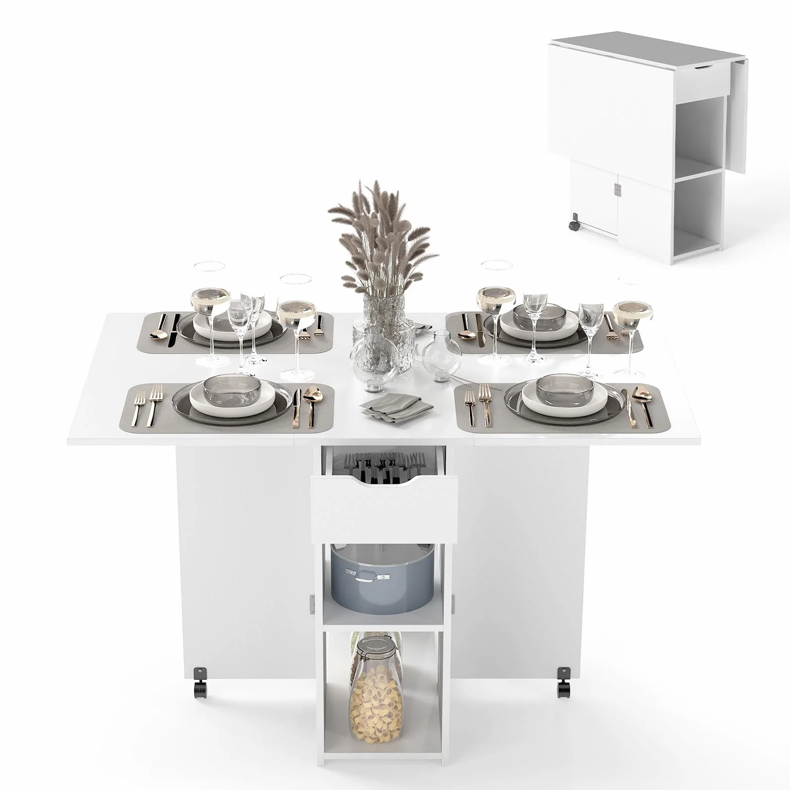 GIANTEX Tavolo da Cucina Pieghevole Mobile con 2 Ruote, 1 Cassetto e 2 Ripiani in Legno