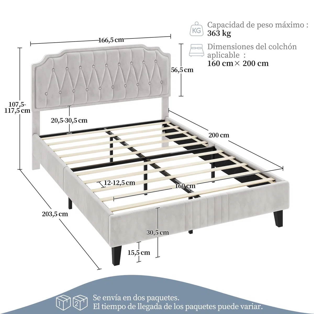 Yaheetech Letto con Testiera Imbottita 160 x 200 cm Altezza Regolabile Rete a Doghe in Legno e Metallo Beige