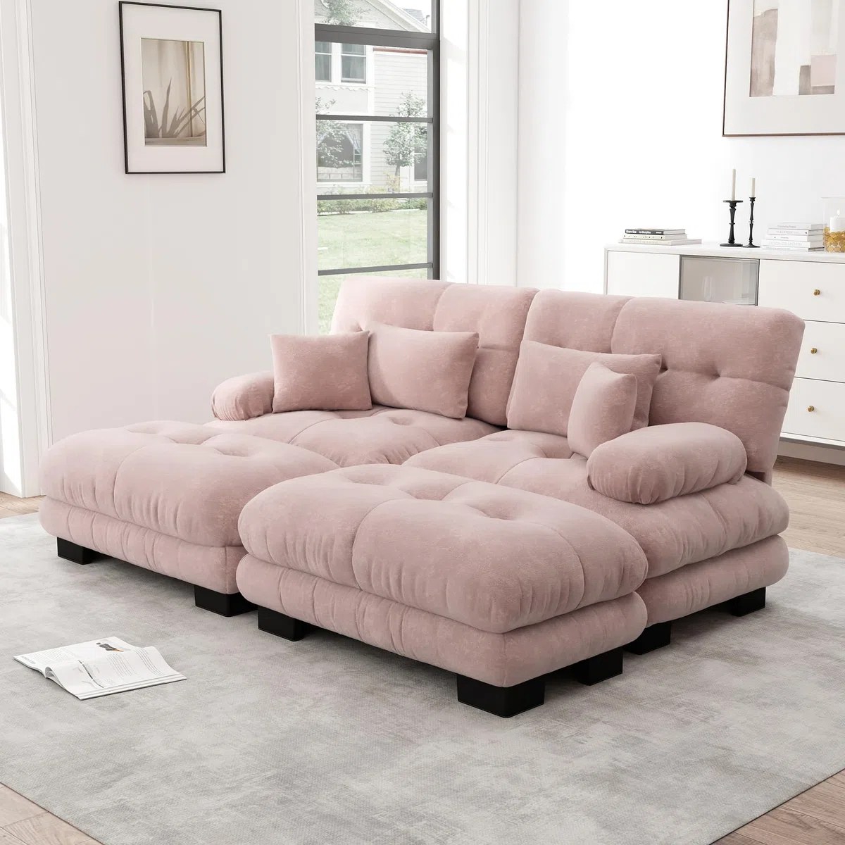 Cloud Divano angolare in ciniglia, 2 cuscini lombari, 2 cuscini decorativi, divano imbottito con braccioli larghi, 2 ottomani ciniglia rosa per soggiorno