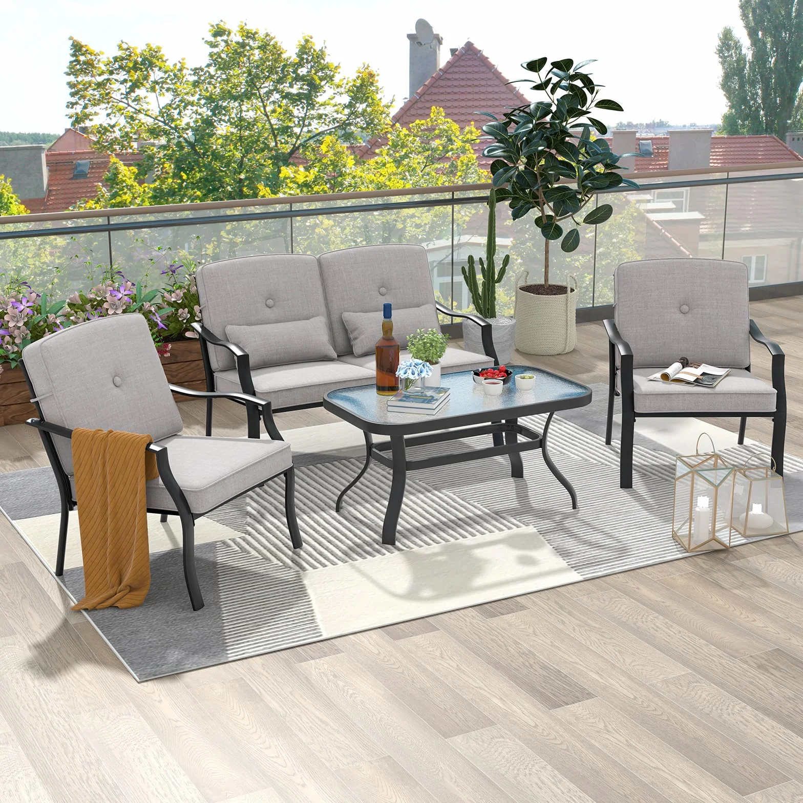 GYMAX Set di Mobili, 1 Tavolino in Vetro Temperato, 2 Poltrone e 1 Divano, Telaio in Metallo, con Cuscino, Aspetto Moderno per Soggiorno, Giardino, Grigio (Grigio)