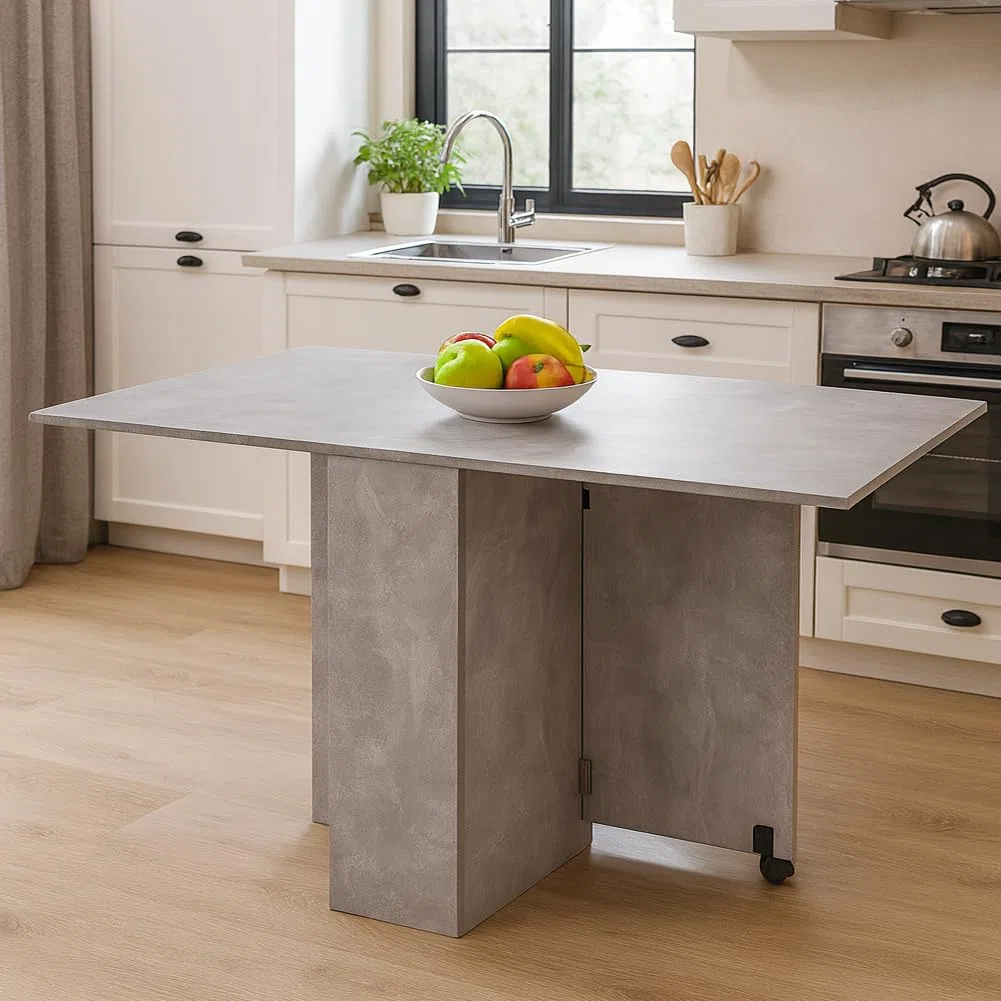 BAKAJI Tavolo da Pranzo Salvaspazio Cemento, Scrivania Pieghevole Richiudibile Allungabile con Libreria 2 Scomparti Ripiani a Scomparsa e Ruote, Design Multiuso Moderno 140 x 75 x 74 cm