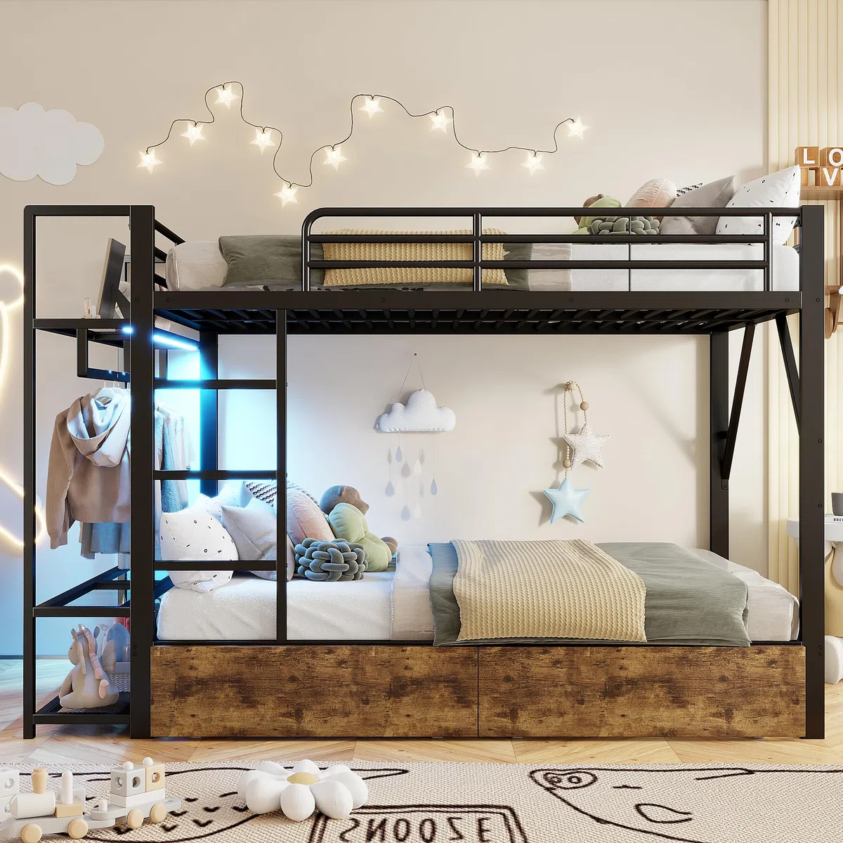 Lettino a soppalco 140 x 200 cm, letto a castello con 2 cassetti e diversi ripiani, con striscia luminosa a LED e asta appendiabiti, telaio in ferro, protezione dalle cadute, senza materasso