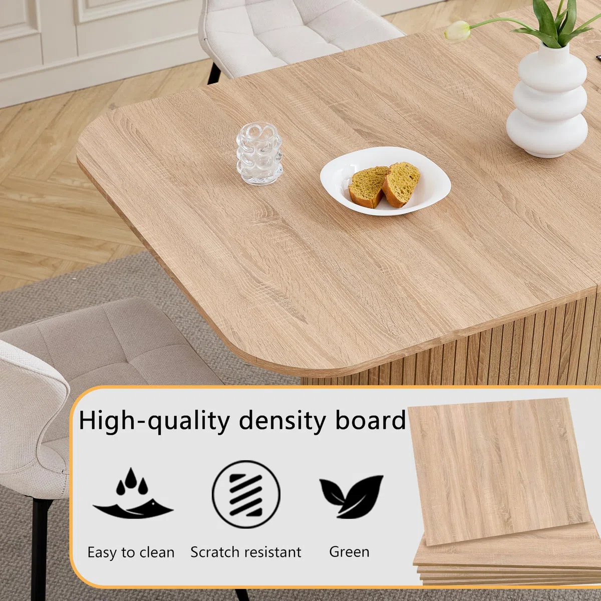 GrandCA HOME Tavolo da Pranzo Rettangolare con Angoli Arrotondati, Tavolo da Pranzo Moderno Cucina da 160 cm con Base in Legno, Ampio Piano di Lavoro in MDF, per 4-8 Persone, Venature del Legno Chiaro