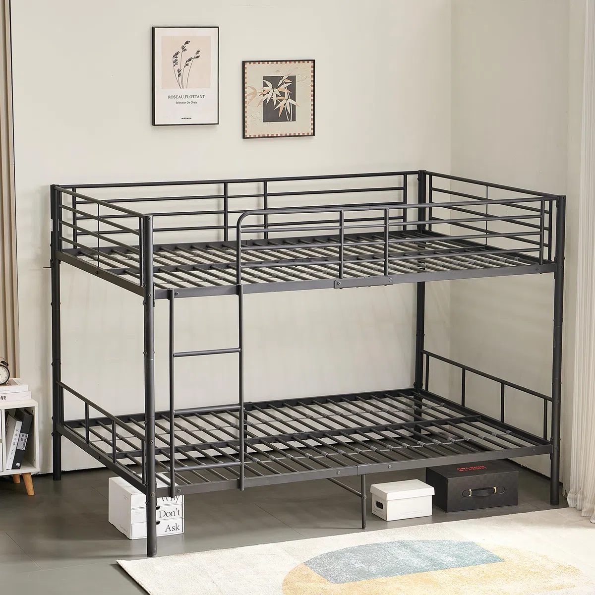 DORAFAIR Letto a Castello 90 x 200 cm in Metallo, con Rete a Doghe, con Scaletta e Protezione da Caduta, Letto a Castello Singolo, Nero