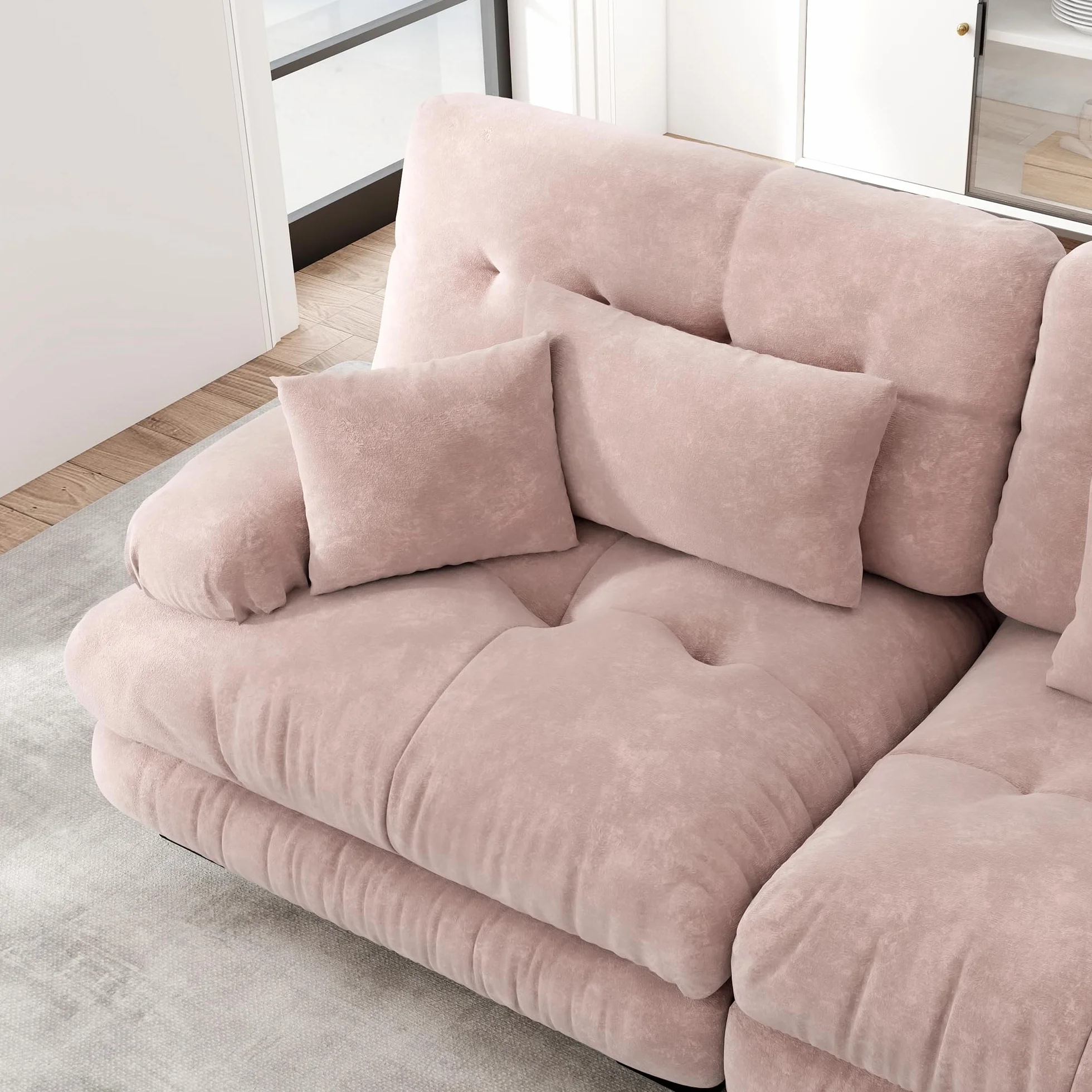 Cloud Divano angolare in ciniglia, 2 cuscini lombari, 2 cuscini decorativi, divano imbottito con braccioli larghi, 2 ottomani ciniglia rosa per soggiorno