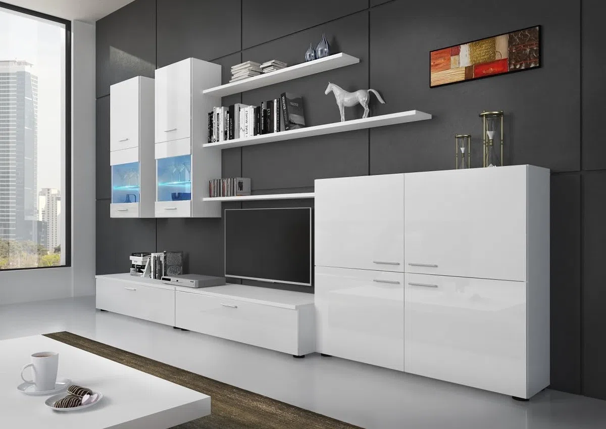 Skraut Home - Mobili Soggiorno - 189 x 300 x 42 cm - Sistema di Illuminazione a LED - Modello Beta - Grande capacità di stoccaggio - Stile Moderno - Finitura Bianca