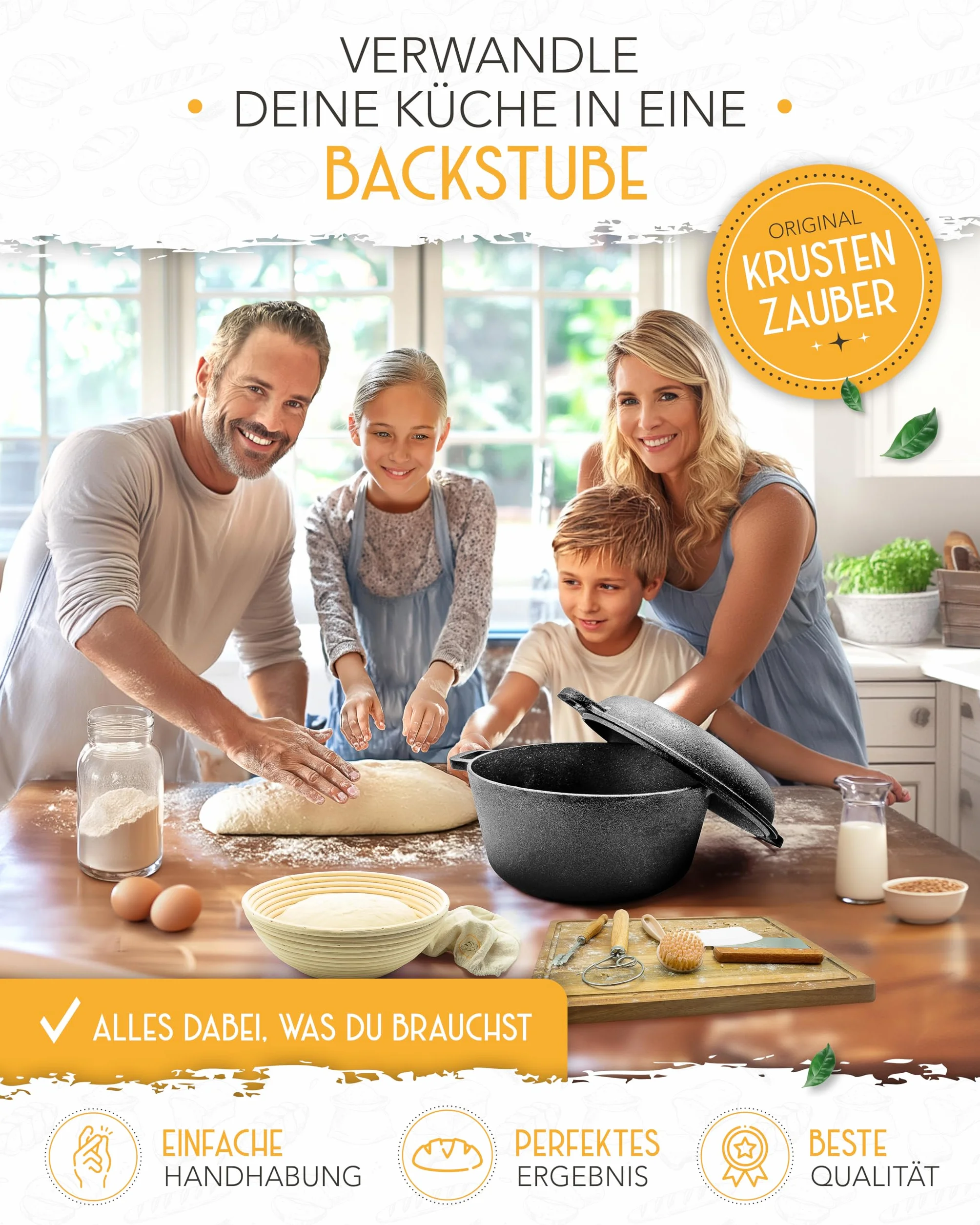 KRUSTENZAUBER Set XXL per pane in ghisa – Stampo per pane con coperchio con cestino per lievitazione, frusta, coltello da forno, raschietto per pasta, ciotola per pane e molto altro ancora – Set