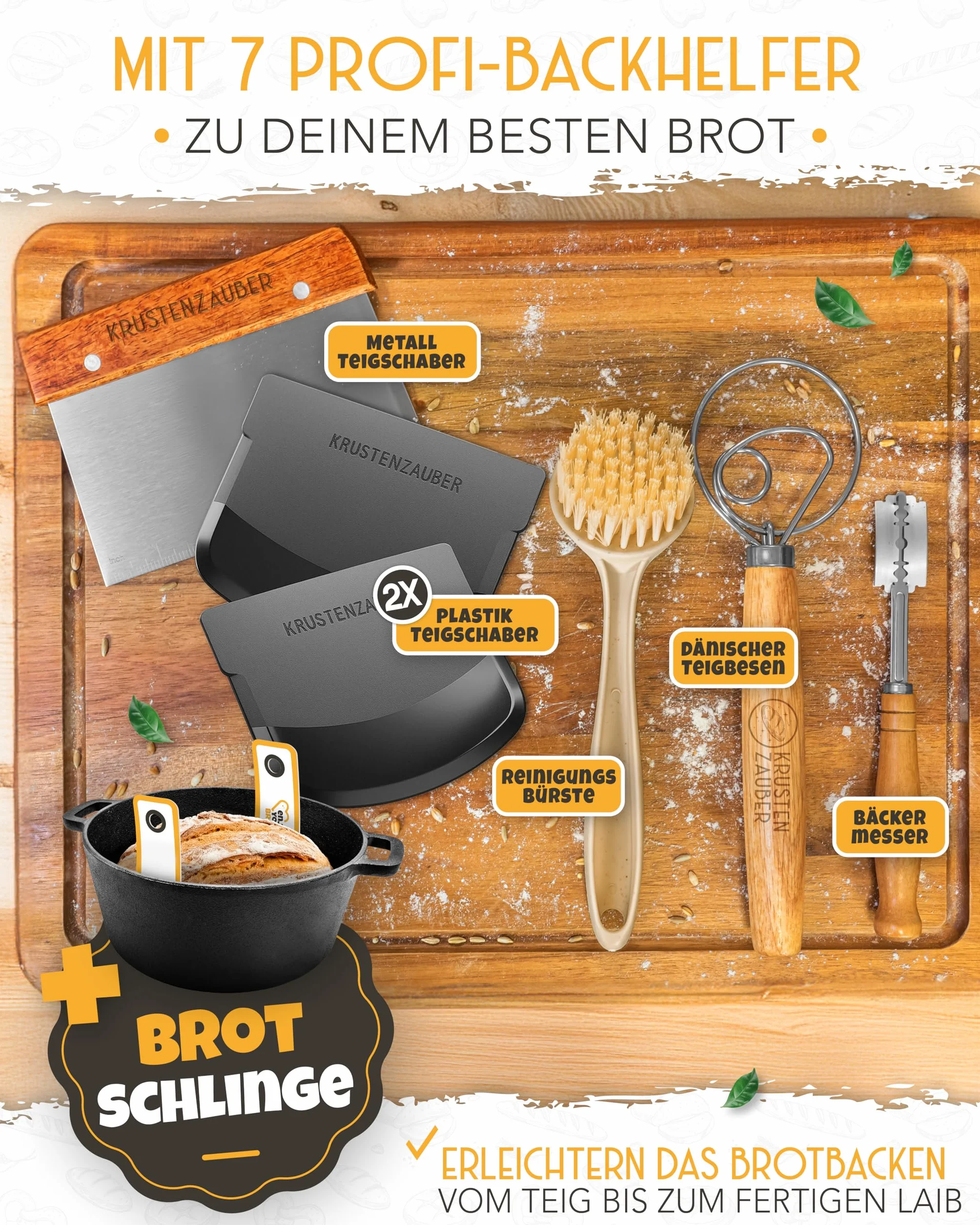 KRUSTENZAUBER Set XXL per pane in ghisa – Stampo per pane con coperchio con cestino per lievitazione, frusta, coltello da forno, raschietto per pasta, ciotola per pane e molto altro ancora – Set