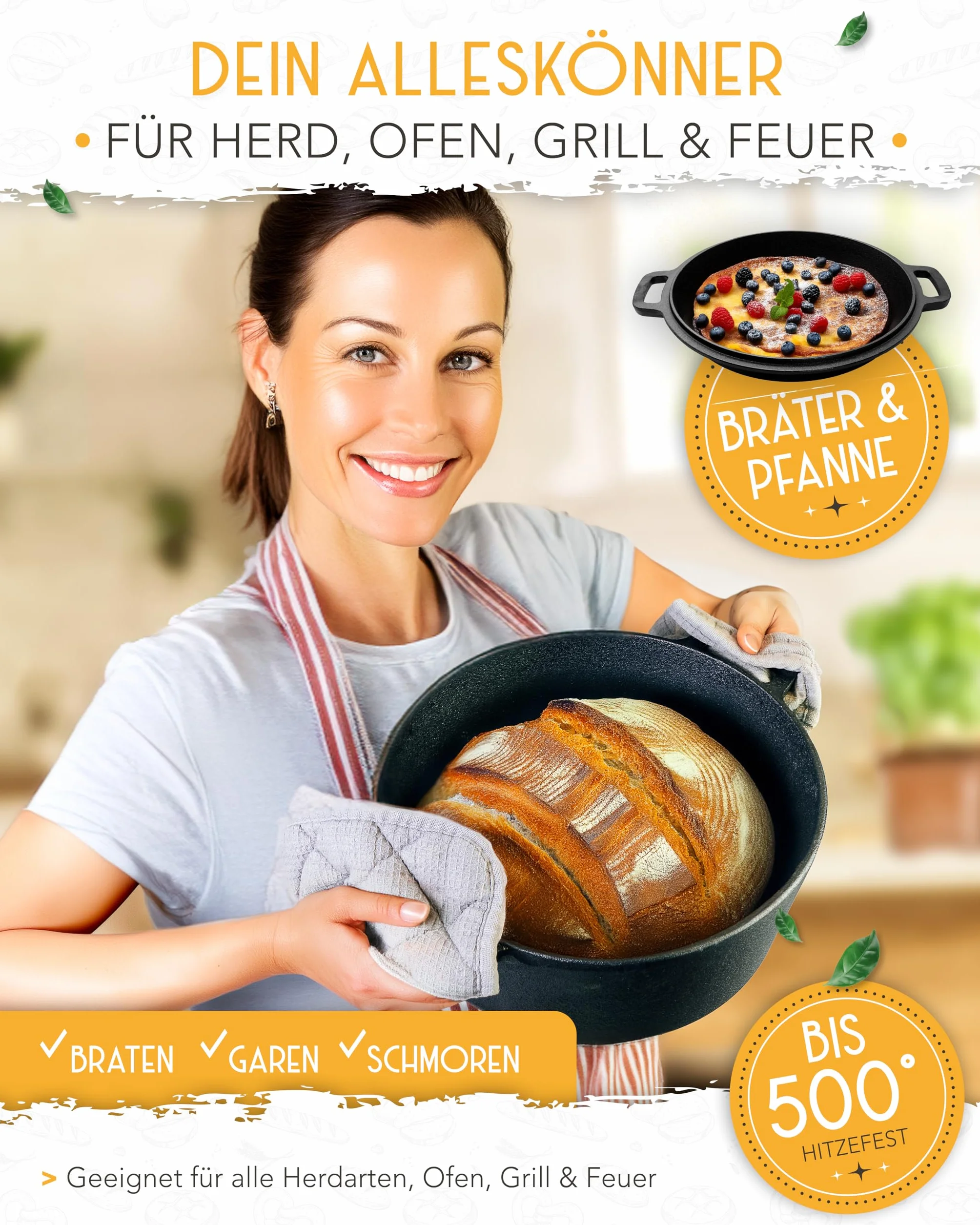 KRUSTENZAUBER Set XXL per pane in ghisa – Stampo per pane con coperchio con cestino per lievitazione, frusta, coltello da forno, raschietto per pasta, ciotola per pane e molto altro ancora – Set