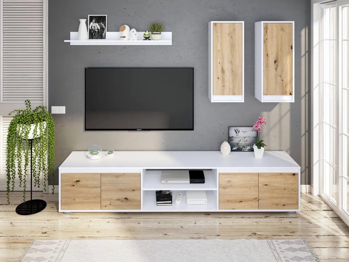 Dmora Parete Attrezzata Wells 40x200x114h cm Bianco 7 Ripiani 6 Ante, 8 Vani