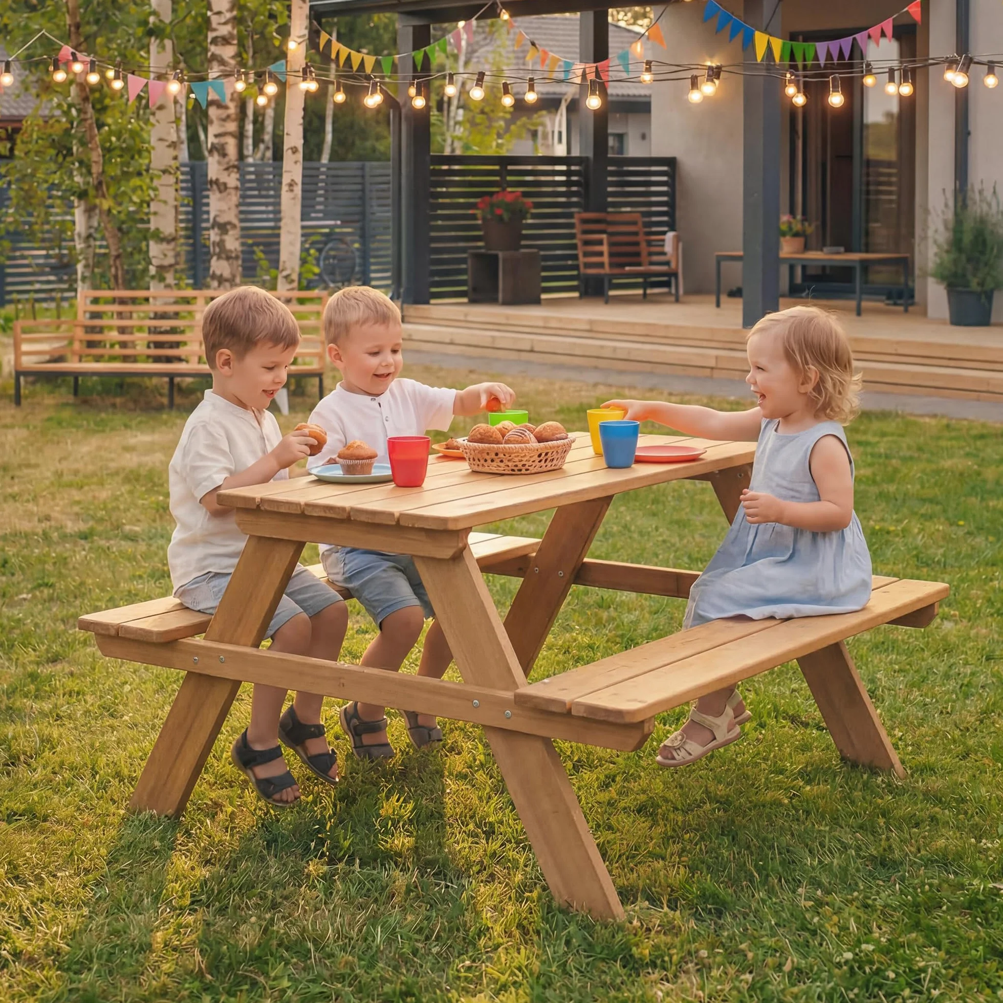 roba Panca con Tavolo per Bambini Picnic - da Esterno - per Giardino - Resistente alle Intemperie - 4 Posti - per Campeggio - Regalo Compleanno, Natale, Pasqua - Legno Massello – Marrone