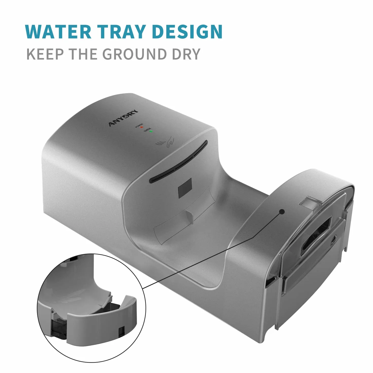 anydry 2630T Professionale Asciugamani ad Aria, a Parete,Automatico Asciugamani Elettrico da Bagno,con vaschetta raccogli Gocce,ABS,1400-1650W.(Argento)
