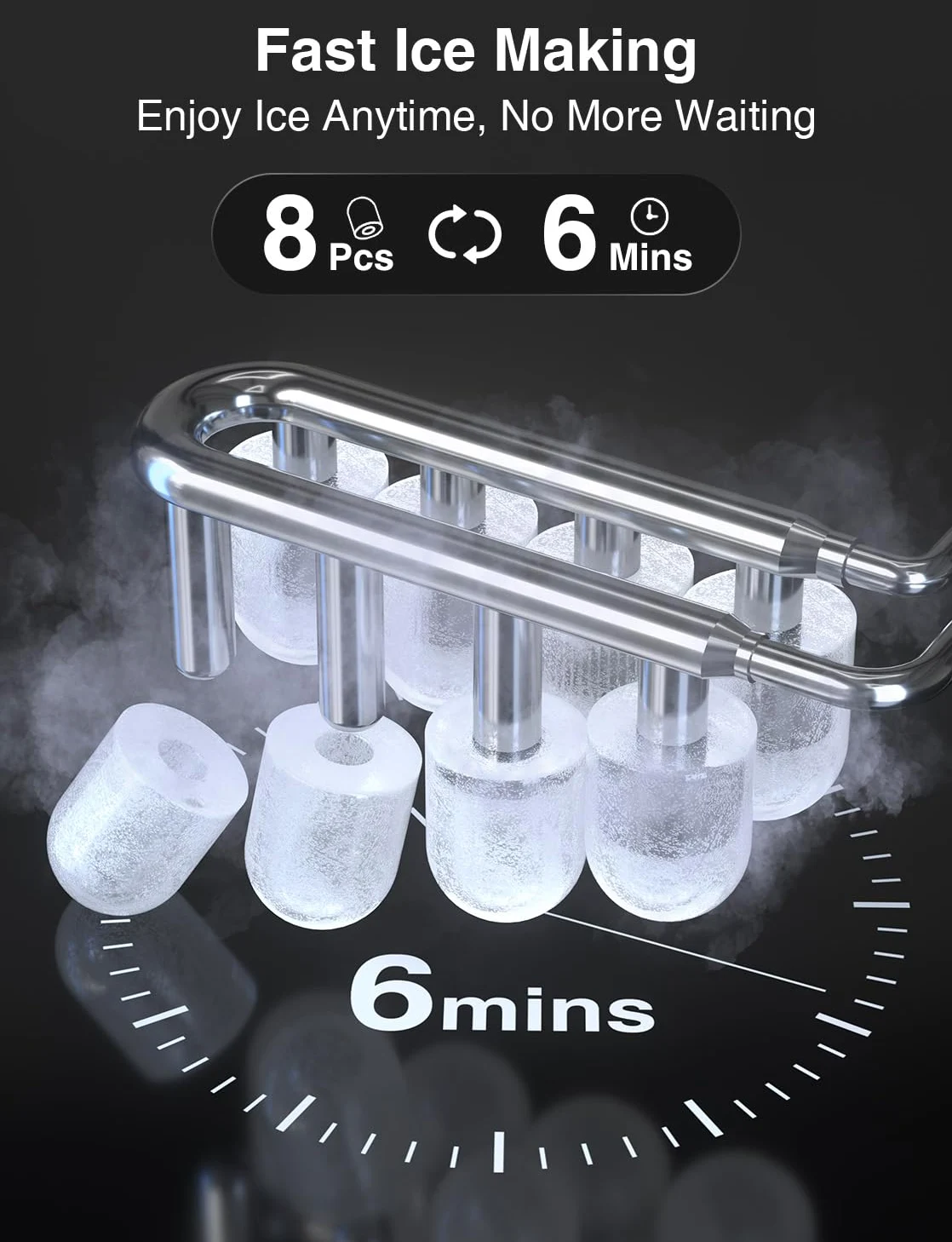 CROWNFUL Macchina per Ghiaccio Portatile, 8 Cubetti in 6 Minuti, Produttore di Ghiaccio Autopulente, 12 kg/24h, per Casa, Cucina, Ufficio, Bar e Feste (Nero)