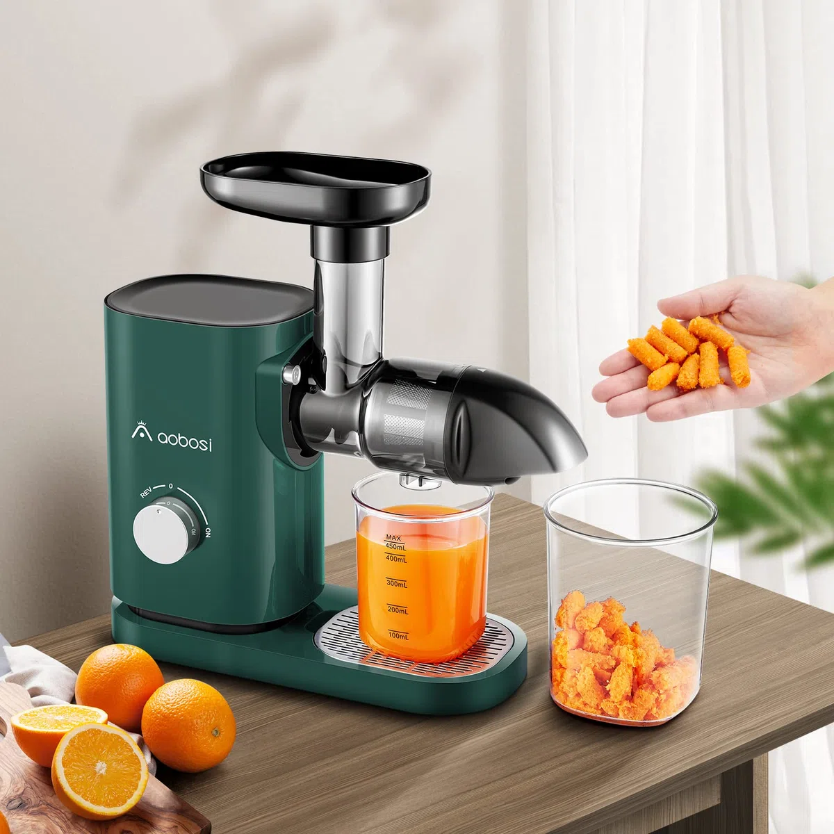 Aobosi Estrattore Frutta e Verdura, Estrattore di Succo a Freddo con Motore Silenzioso e Funzione Inversa, senza BPA & Facile da Pulire & Spazzola（150 Watt/Verde）