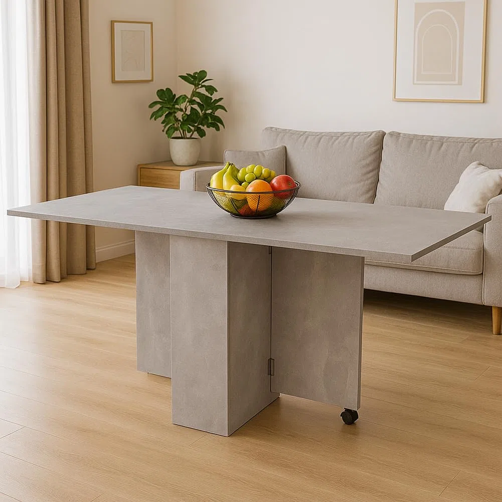 BAKAJI Tavolo da Pranzo Salvaspazio Cemento, Scrivania Pieghevole Richiudibile Allungabile con Libreria 2 Scomparti Ripiani a Scomparsa e Ruote, Design Multiuso Moderno 140 x 75 x 74 cm