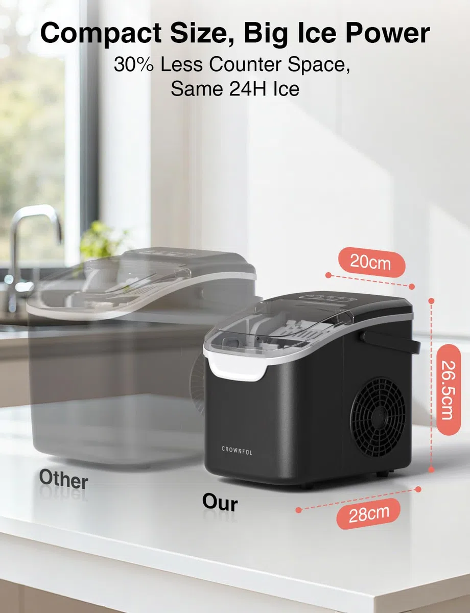 CROWNFUL Macchina per Ghiaccio Portatile, 8 Cubetti in 6 Minuti, Produttore di Ghiaccio Autopulente, 12 kg/24h, per Casa, Cucina, Ufficio, Bar e Feste (Nero)