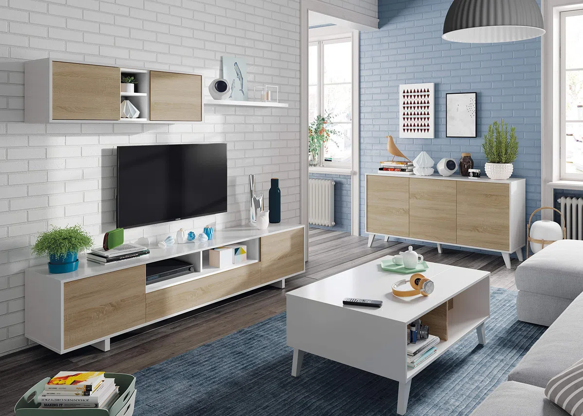 Arreditaly Parete Attrezzata Nottingham Mobile Soggiorno TV con Ripiani, Ante E Mensola Ideale per Salotto Legno Base Televisione Sala da Pranzo Design Moderno 200 x 41 x 46 cm Colore Bianco e Rovere