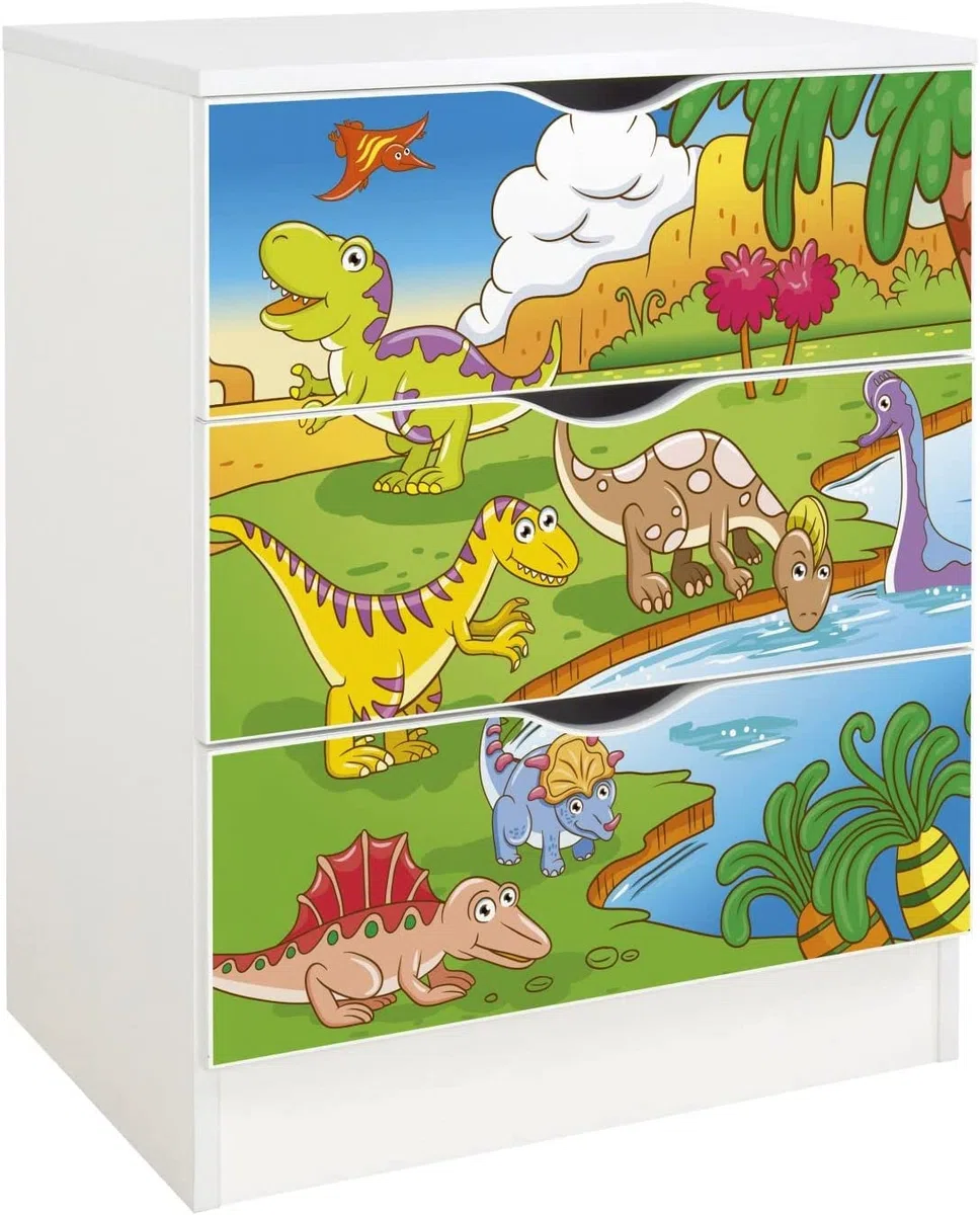 leomark cassettiera in legno 60 x 42 x 78 cm, comò con cassetti Roma, armadietto per camera da letto casa, scuola materna, asilo nido, stile scandinavo, mobiletto con stampa UV Dinosauri