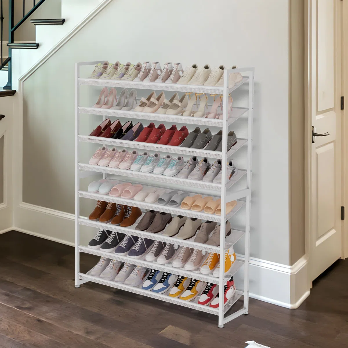 Grande scarpiera organizer per scarpe, in metallo resistente, impilabile, verticale, per armadio, porta d'ingresso, fino a 50-62 paia (bianco, 8 ripiani)