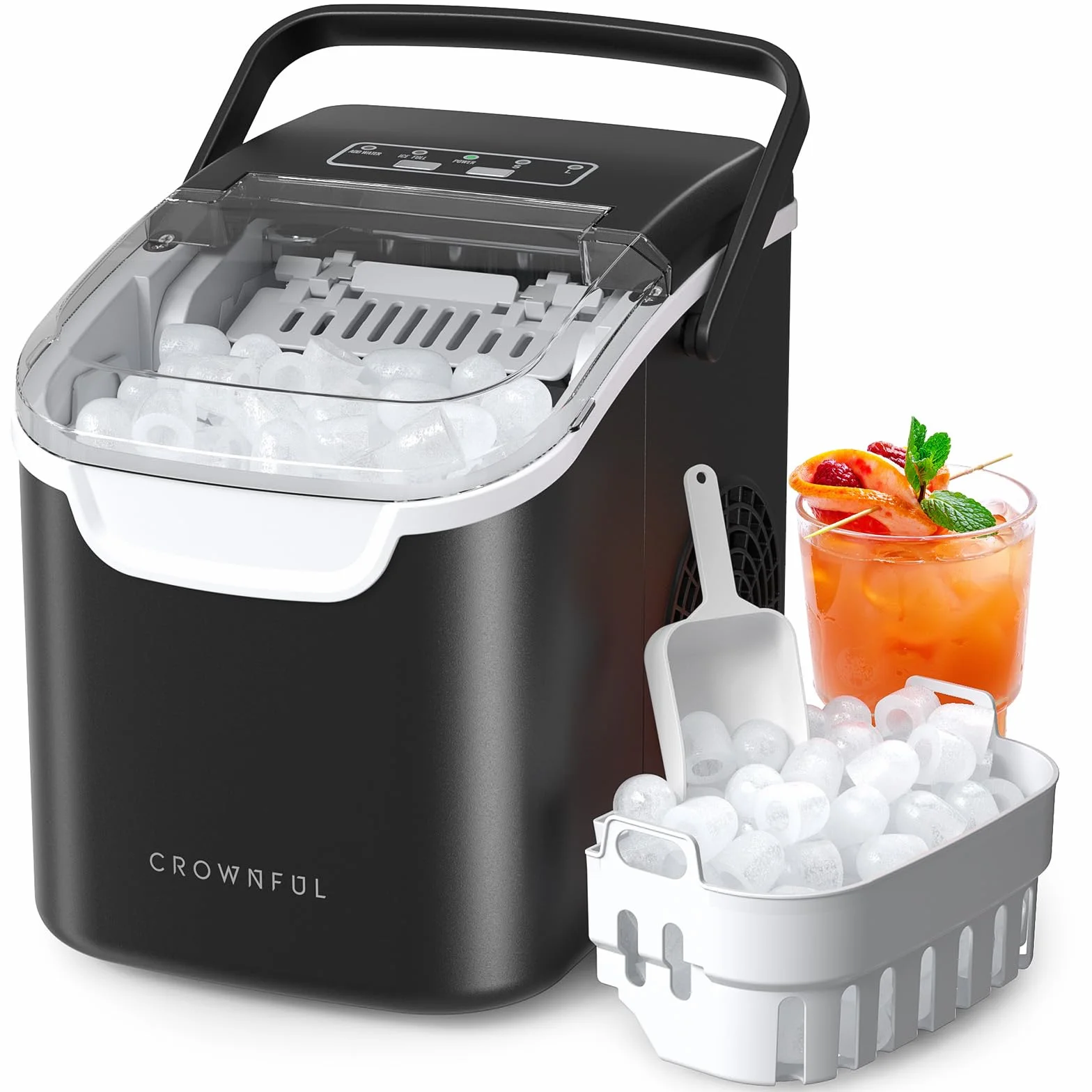 CROWNFUL Macchina per Ghiaccio Portatile, 8 Cubetti in 6 Minuti, Produttore di Ghiaccio Autopulente, 12 kg/24h, per Casa, Cucina, Ufficio, Bar e Feste (Nero)