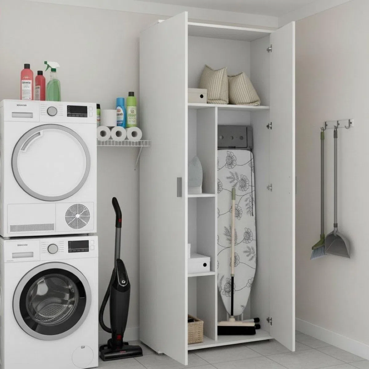 Dmora - Armadio multiuso 2 ante Forcola, Mobile multifunzione porta scope, Guardaroba porta scarpe, 78x35h190 cm, Bianco