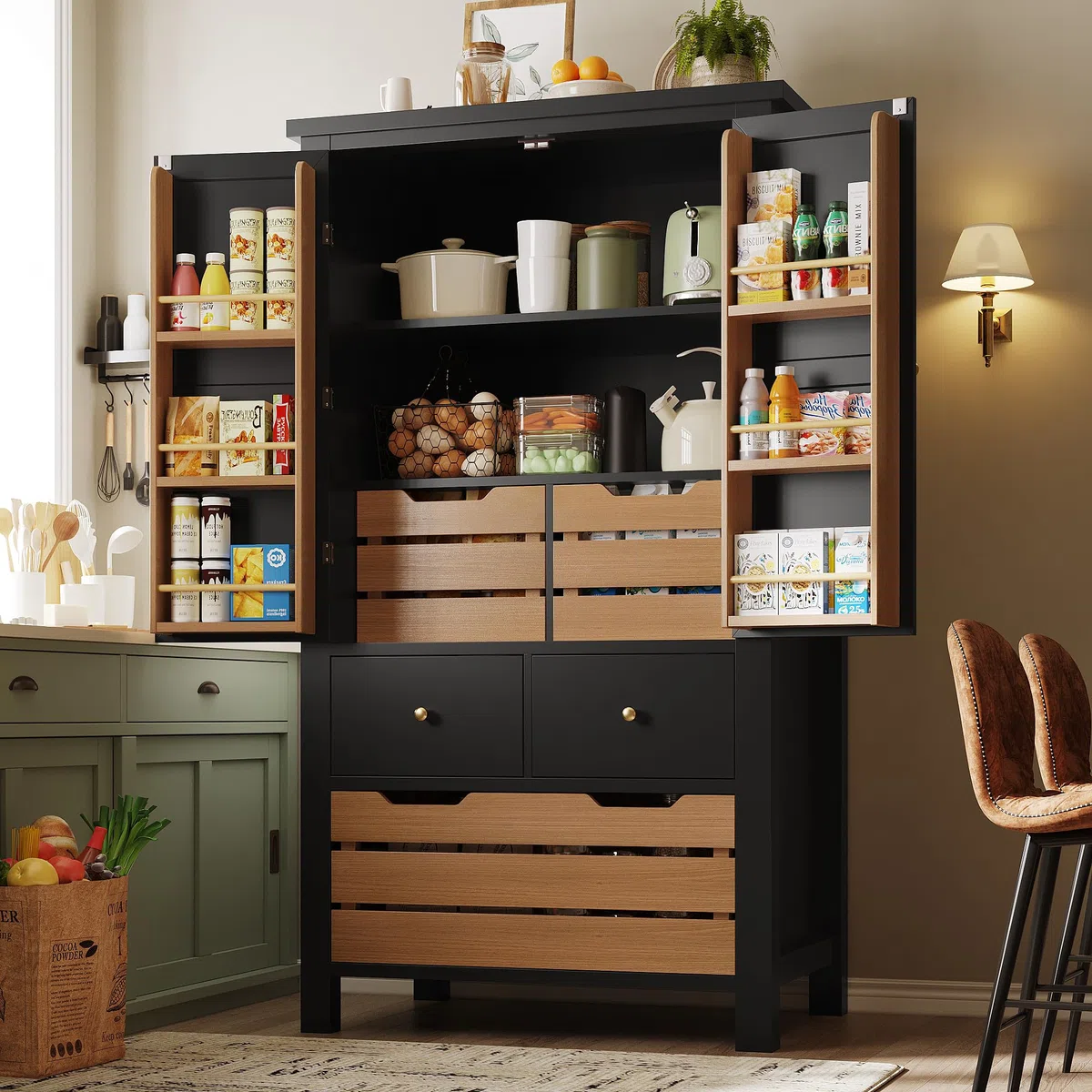 Kebnor Mobiletto da Cucina (80x40x140cm), credenza da cucina alta, credenza multiuso, mobiletto per snack, mobile di stoccaggio con due ante e cinque cassetti (nero)
