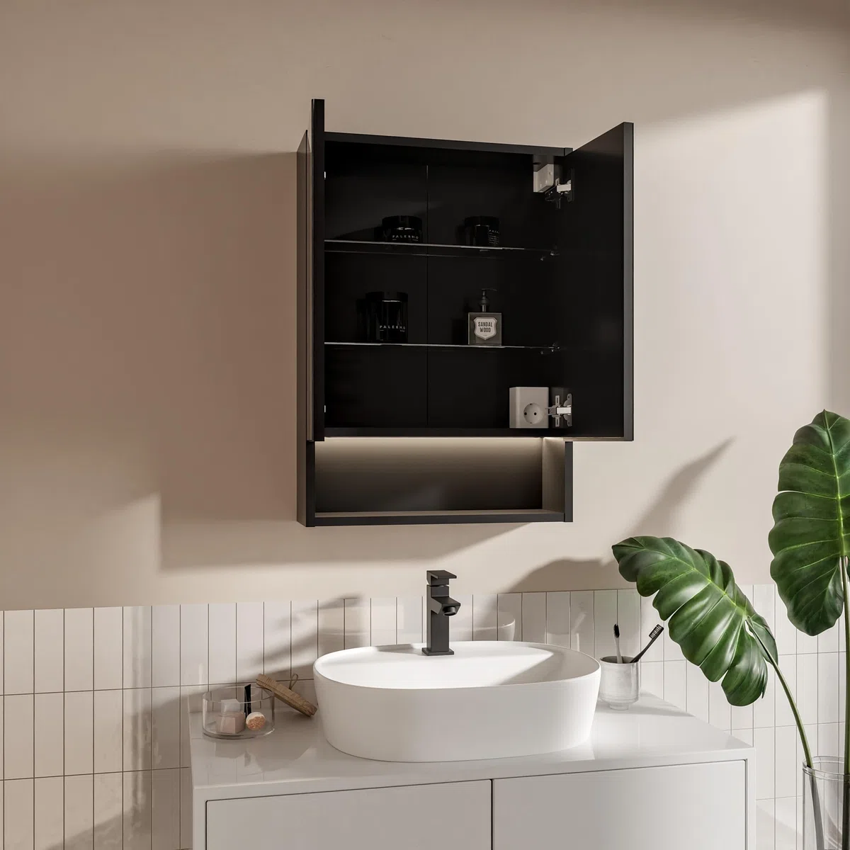 Armadietto Bagno Con Specchio LED 50x70 cm Nero, Mobile Specchio Bagno Sospeso Con Luce LED 4000K, Presa Elettrica e Interruttore, Pensile Bagno Con Ripiani In Vetro, Specchiera Bagno Moderna
