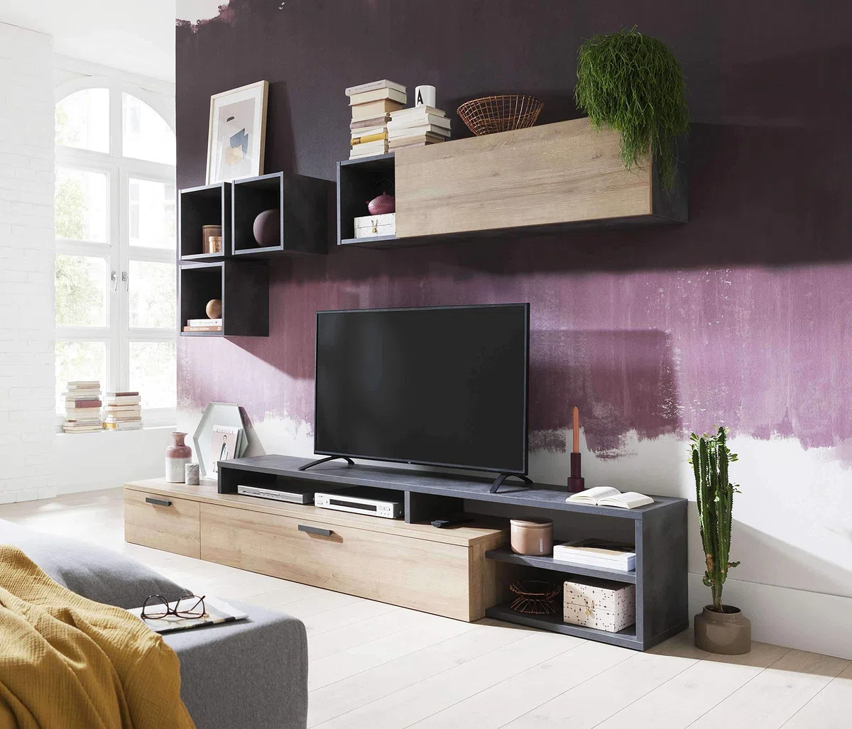 AVANTI TRENDSTORE - Colari - Parete da Soggiorno, composta da 1 Mobile TV, 1 pensile e 3 cubi da Muro, in Legno Laminato, Dimensioni: Lap 270x180x45 cm