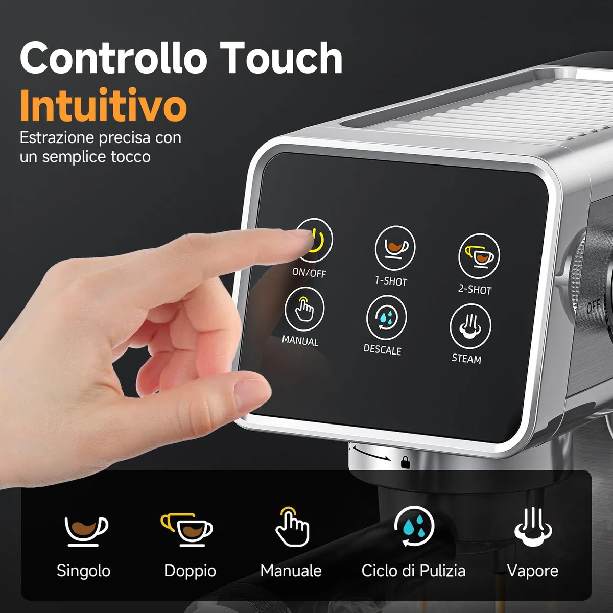 AMZCHEF Macchina Caffè Espresso 20 Bar in Acciaio Inox con Touchscreen LED, Macchina Espresso con Funzione Autopulizia e Lancia Vapore, Compatta per Cappuccino e Latte, Ideale per Casa e Ufficio