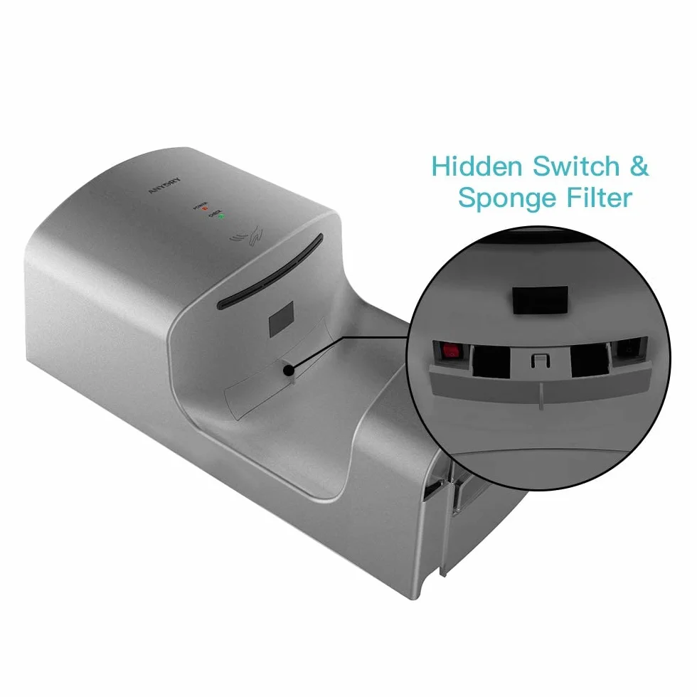 anydry 2630T Professionale Asciugamani ad Aria, a Parete,Automatico Asciugamani Elettrico da Bagno,con vaschetta raccogli Gocce,ABS,1400-1650W.(Argento)