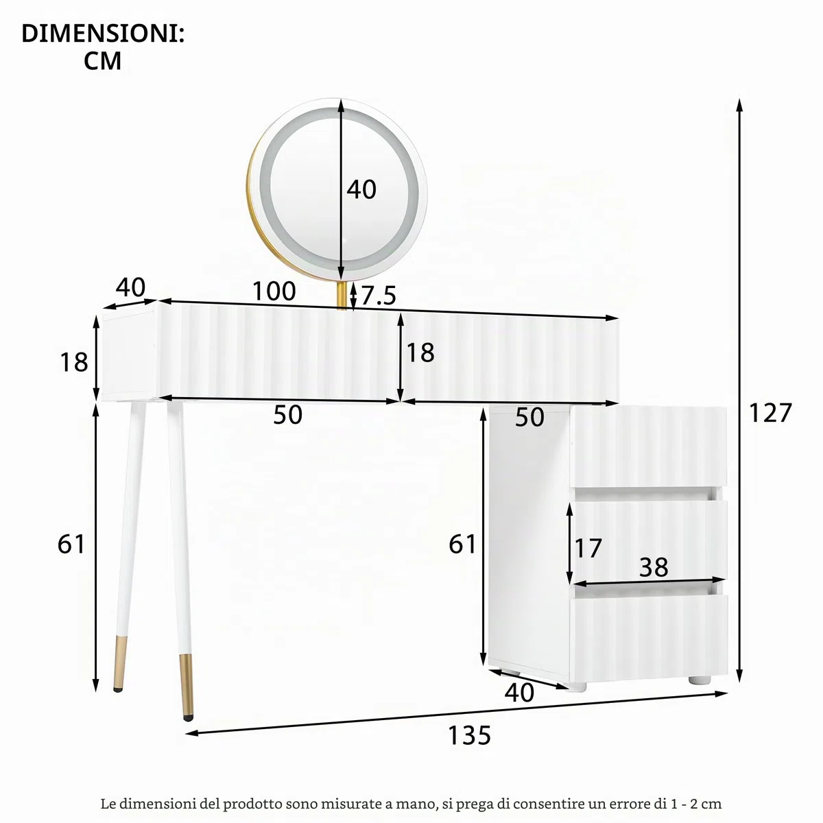 Lcoho Tavolo da toeletta con specchio a LED e illuminazione - Set da toeletta bianco per camera da letto con 5 cassetti spaziosi - Dimensioni: B100/H127/T40 cm (senza sgabello)