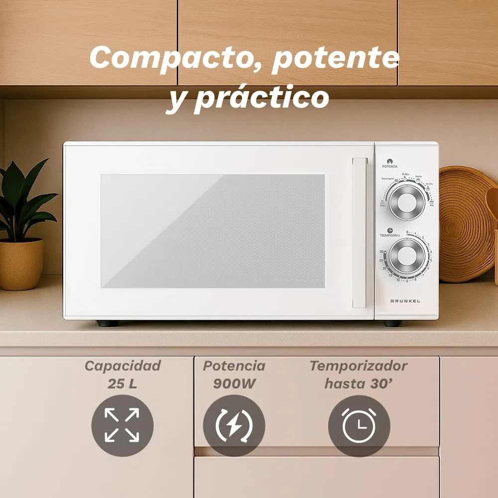 Microonde senza grill MG 25 litri, 900 W, 20 MG 5-6 livelli di potenza, 3 modalità combinate, timer 30 min apertura con maniglia e vassoio Ø245 mm (senza griglia)