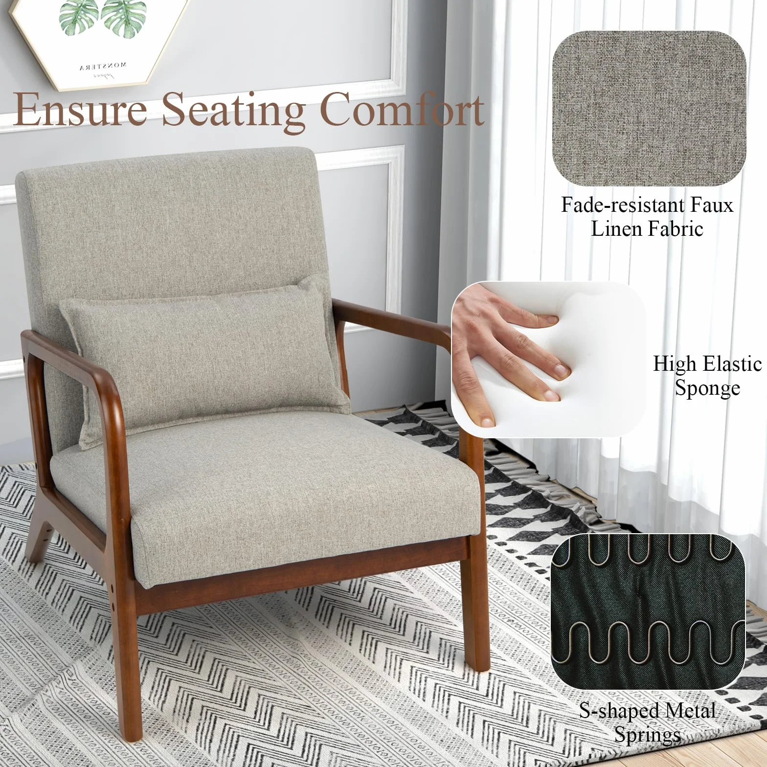 HOMASIS Poltrona Relax in Legno con Cuscino e Schienale, Sedia Camera da Letto con Braccioli, Sedia da Lettura Imbottita con Portata di 150 kg, per Salotto, Ufficio, 79x65x77cm (Grigio)