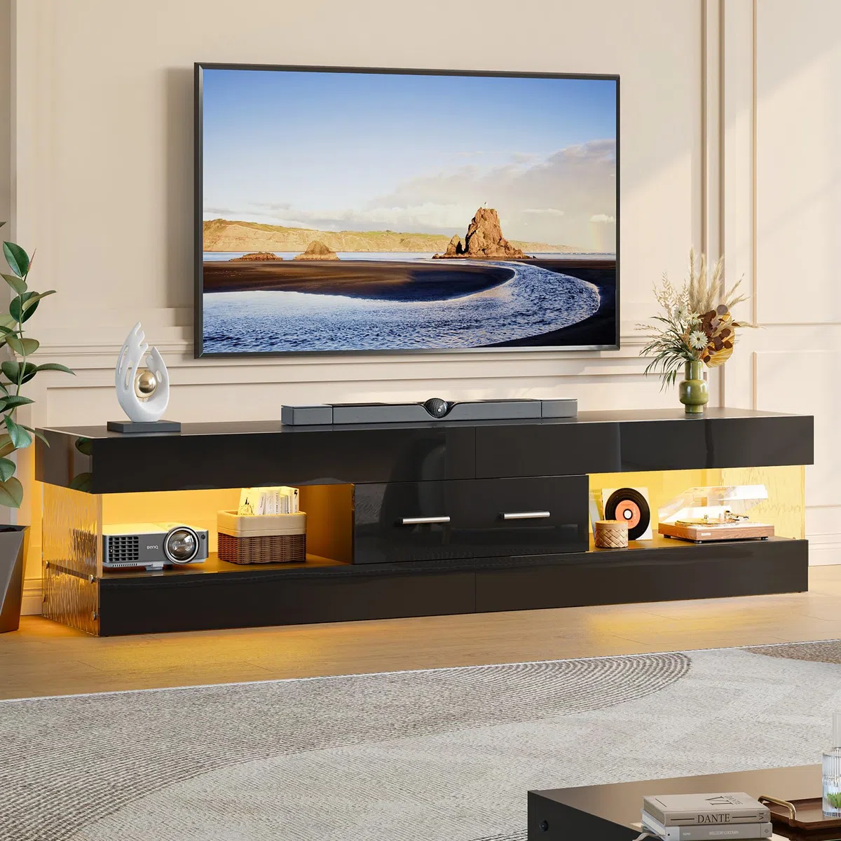 Bestier Mobile TV per TV da 75 pollici,moderno mobile TV laccato lucido,centro di intrattenimento a LED con ampio cassetto,consolle TV per soggiorno e camera da letto(nero)