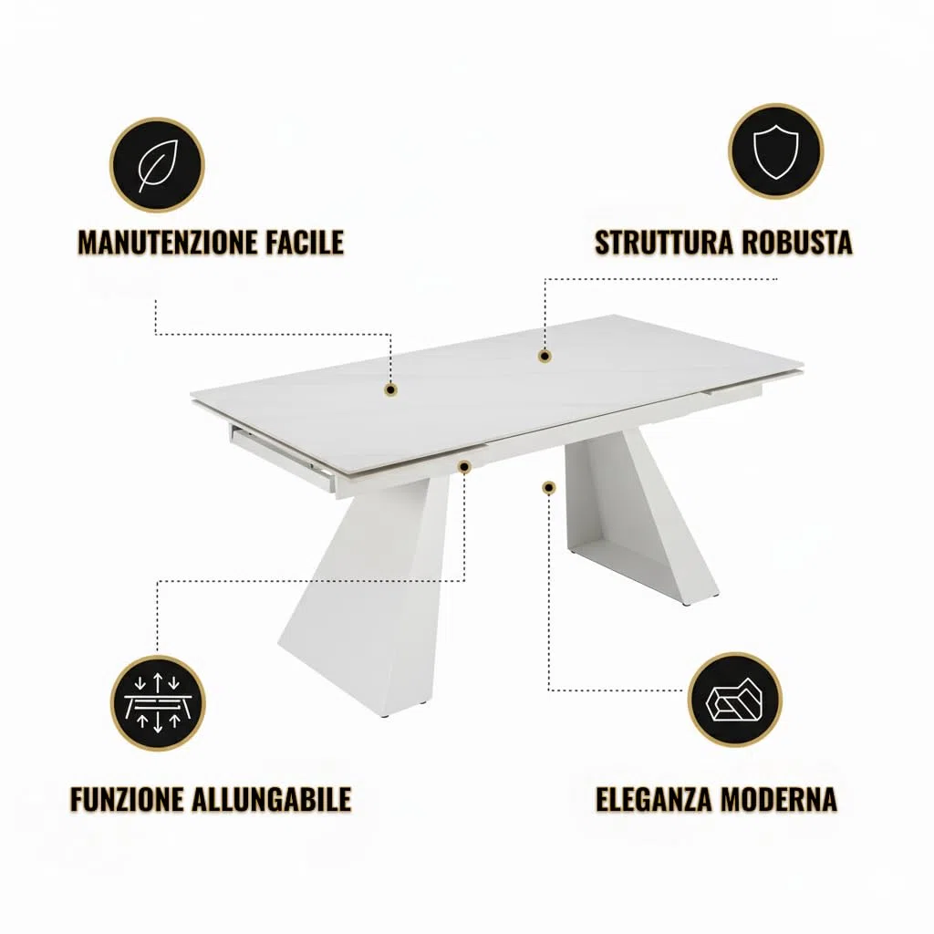 Cribel Tavolo da Pranzo Vermont Allungabile 160–240 cm | Piano in Gres Porcellanato Effetto Marmo | Gambe in Metallo a Trapezio Inclinato | Design Moderno e Imponente