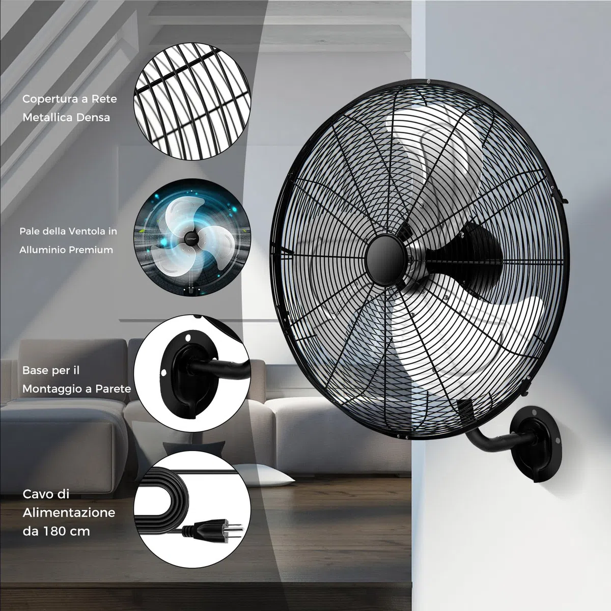 RELAX4LIFE Ventilatore da Parete Industriale 120W, Ventola Oscillante Automatica, 3 Velocità Regolabili, Ventilatore Elettrico con Struttura Metallica, Regolare con Manopola (Nero)