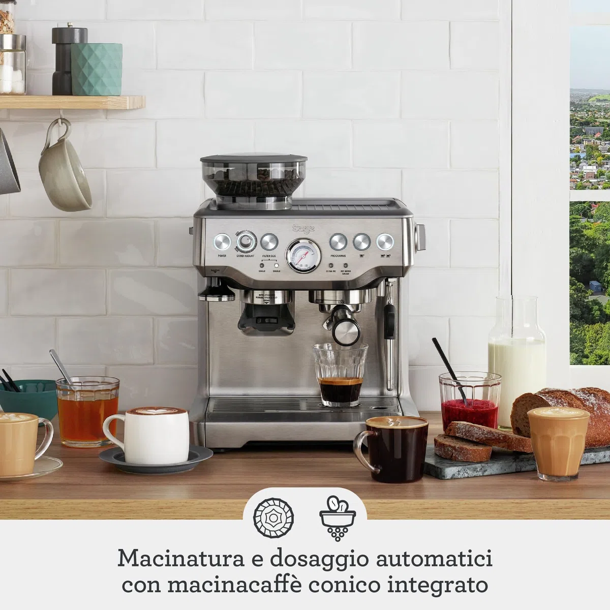 Sage - The Barista Express - Macchina Caffè Espresso con Cono Integrato, Pre-infusione a Bassa Pressione e Lancia Vapore Manuale per il Latte - Acciaio Inox Spazzolato, Lattiera 'Temp Control'