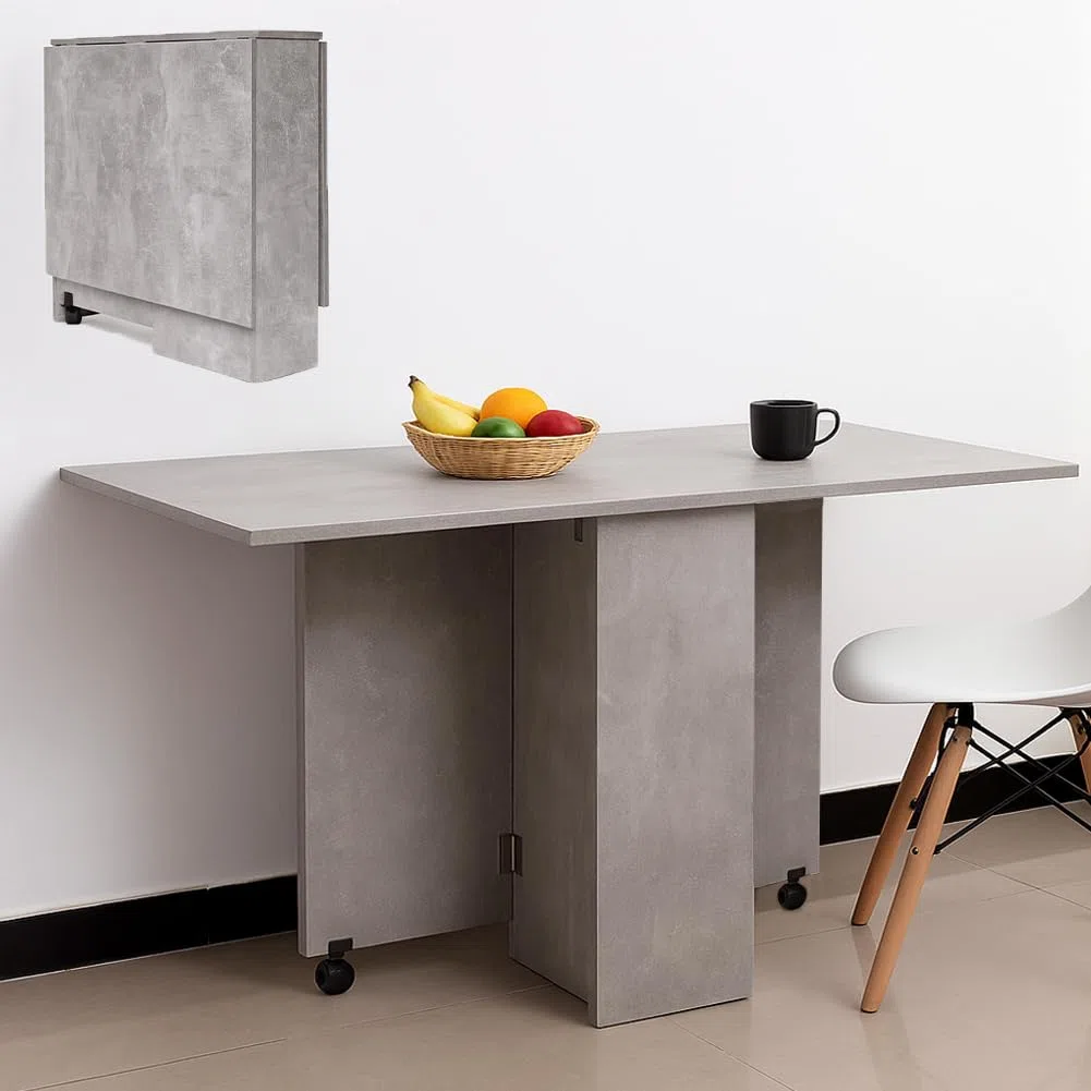 BAKAJI Tavolo da Pranzo Salvaspazio Cemento, Scrivania Pieghevole Richiudibile Allungabile con Libreria 2 Scomparti Ripiani a Scomparsa e Ruote, Design Multiuso Moderno 140 x 75 x 74 cm
