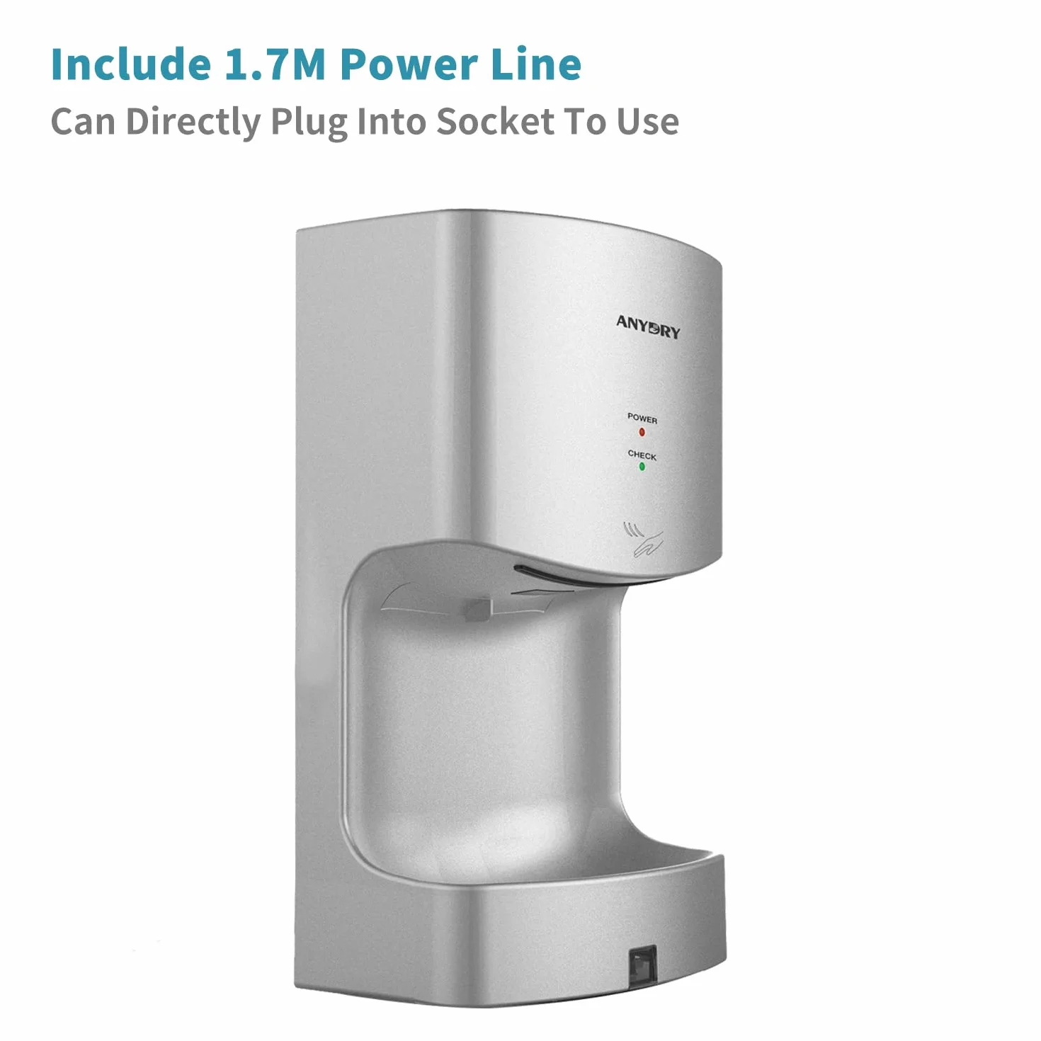 anydry 2630T Professionale Asciugamani ad Aria, a Parete,Automatico Asciugamani Elettrico da Bagno,con vaschetta raccogli Gocce,ABS,1400-1650W.(Argento)